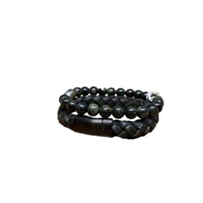 Gem Stones + Leather Bracelet Black & Green