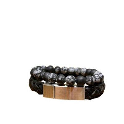 Gem Stones + Leather Bracelet Black & Grey