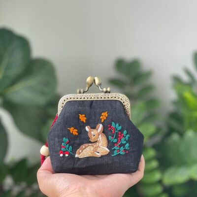 Deer Embroidered Navy Blue Coin Purse