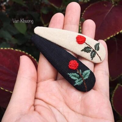Red Rose Embroidered Hair Barrette