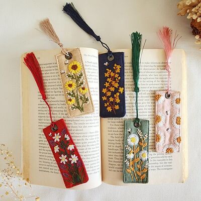 Retro Linen Bookmark With Cute Floral Embroidery