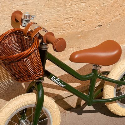 Bicicletta senza pedali retrò per bambini con cestino in vimini, colore verde inglese