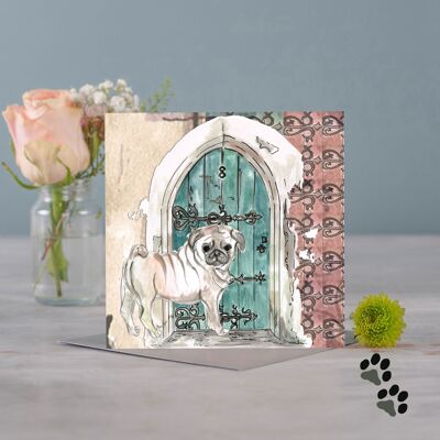 At home with pug greeting card