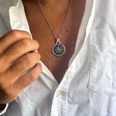 Sterling Silver Compass Necklace Men, Real Silver Necklace, Men's Necklace, Compass Pendant, Gift for Him, Made from Sterling Silver 925.