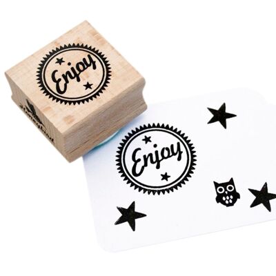 Enjoy Text stamp with Stars and outer circle - Mint Green - Wooden Mount