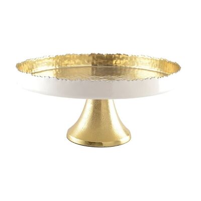 ROUND WHITE AND GOLD HAMMERED TRAY ON FOOT 30X30X12.5CM