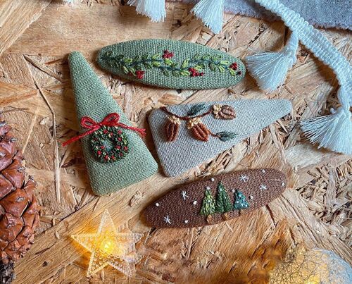 Wreath & Nuts Embroidered Hair Barrette, Christmas & Autumn Collection