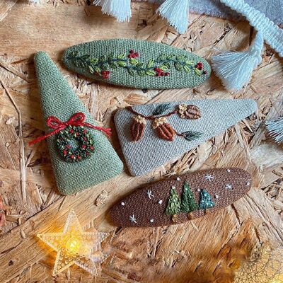 Wreath & Nuts Embroidered Hair Barrette, Christmas & Autumn Collection