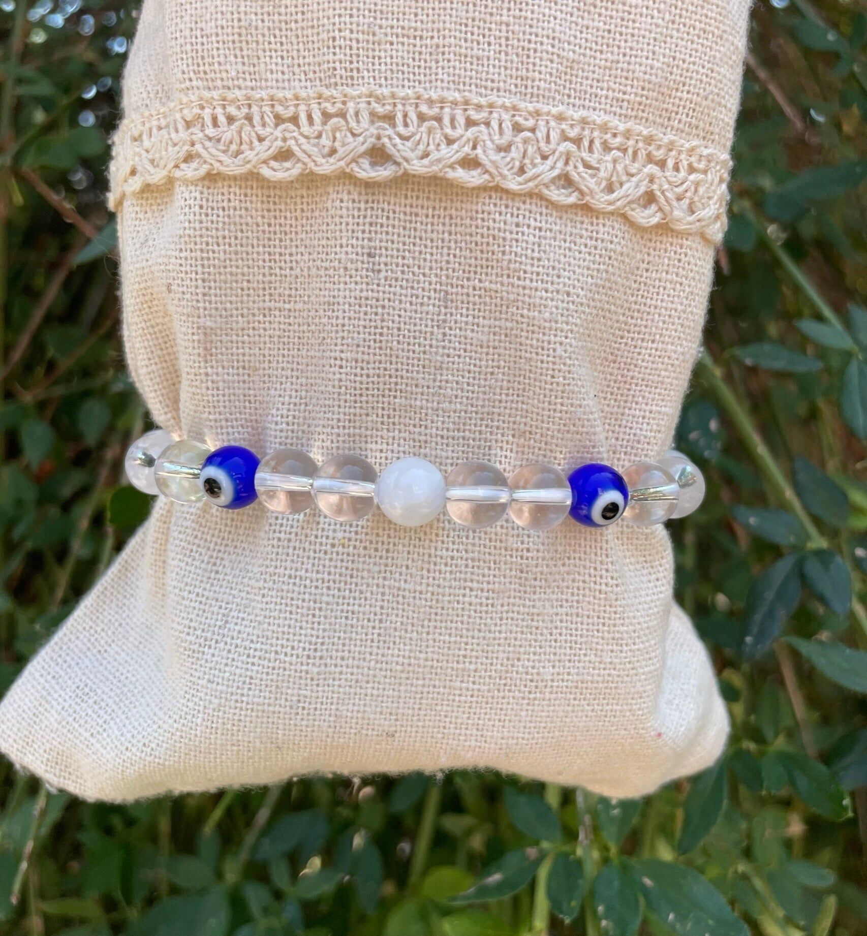 Bracelet élastique de Lithothérapie en Cristal de Roche , Pierre de Lune et Oeil Nazar Boncuk, Made in France