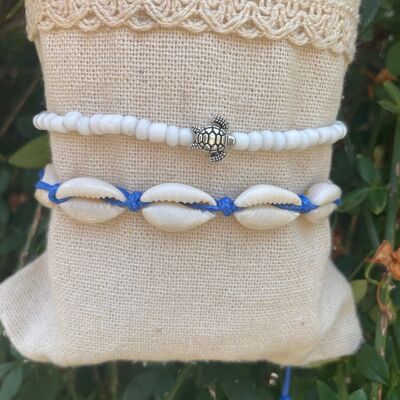 Blue anklet in Cowry shells and sea turtle