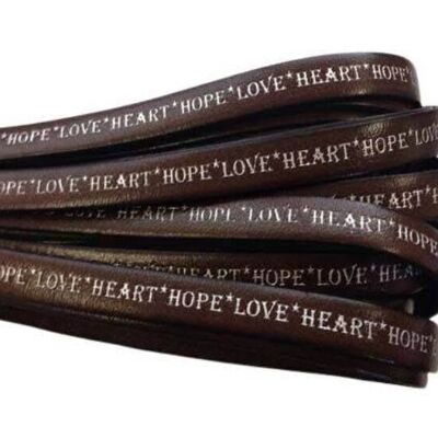 REAL FLAT LEATHER-10MM-HOPE LOVE HEART STYLE-DARK BROWN-SIL