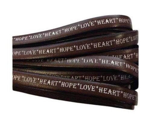 REAL FLAT LEATHER-10MM-HOPE LOVE HEART STYLE-DARK BROWN-SILV