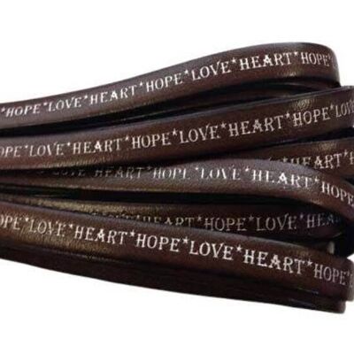 REAL FLAT LEATHER-10MM-HOPE LOVE HEART STYLE-DARK BROWN-SILV