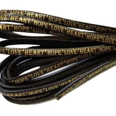 REAL FLAT LEATHER-5MM-HOPE LOVE HEART STYLE-DARK BROWN-GOLD