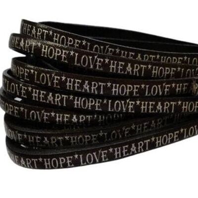 REAL FLAT LEATHER-5MM-HOPE LOVE HEART STYLE-DARK BROWN-SILVE