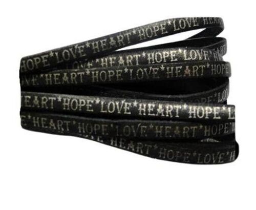 REAL FLAT LEATHER-5MM-HOPE LOVE HEART STYLE-SHINY WORDS BLAC