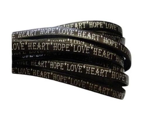 REAL FLAT LEATHER-5MM-HOPE LOVE HEART STYLE-SHINY WORDS BRUC