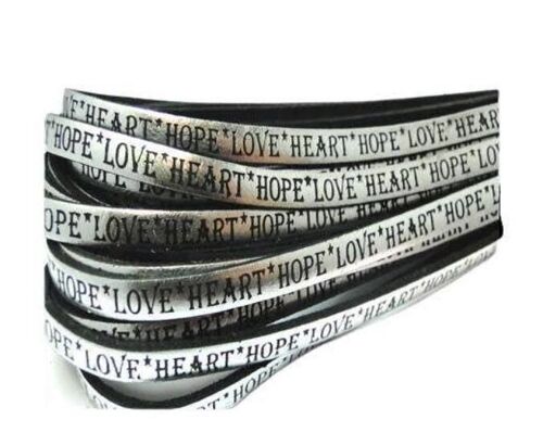 REAL FLAT LEATHER-5MM-HOPE LOVE HEART STYLE-SILVER