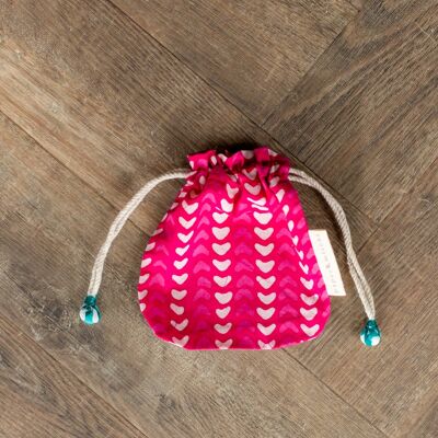 Bolsas de regalo de tela con cordón doble - Corazones fucsia (pequeño)