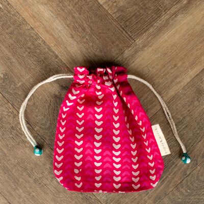 Bolsas de regalo de tela con cordón doble - Corazones fucsia (mediano)