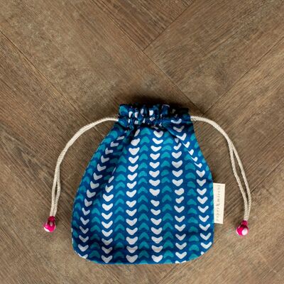 Fabric Gift Bags Double Drawstring -  Indigo Hearts (Medium)
