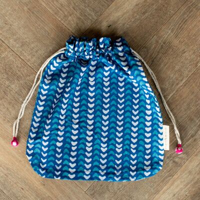 Fabric Gift Bags Double Drawstring -  Indigo Hearts (Large)