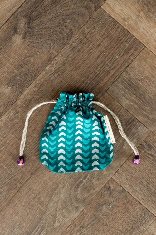 Fabric Gift Bags Double Drawstring -  Teal Hearts (Small)