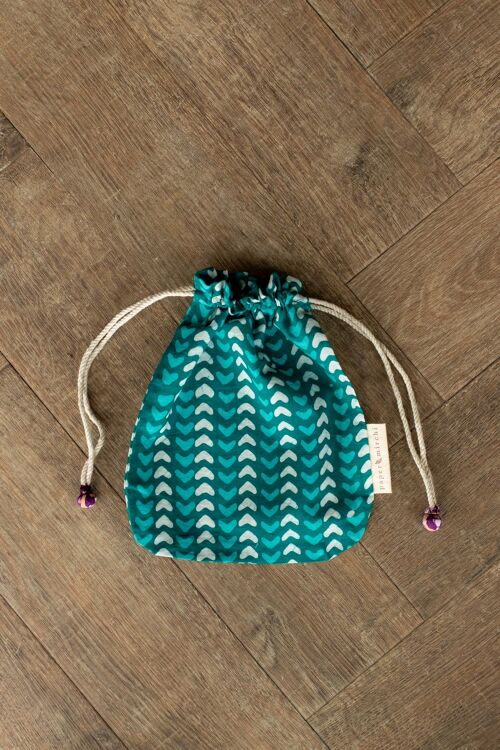 Fabric Gift Bags Double Drawstring -  Teal Hearts (Medium)