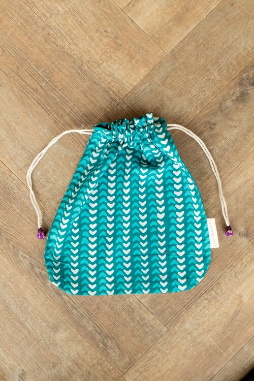 Fabric Gift Bags Double Drawstring -  Teal Hearts (Large)