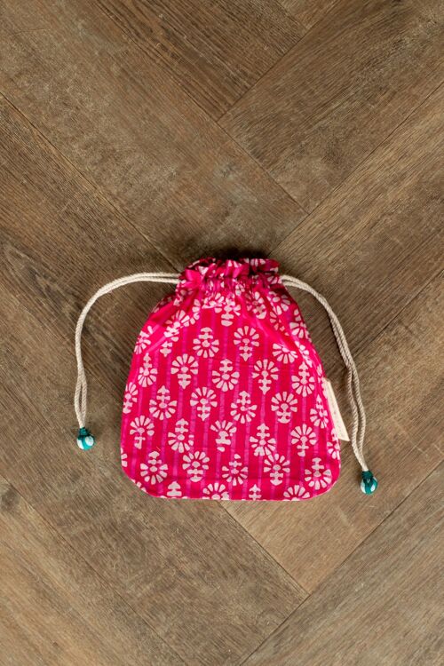 Fabric Gift Bags Double Drawstring -  Fuchsia Flowers (Medium)