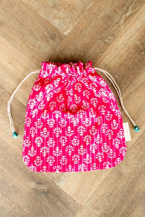 Fabric Gift Bags Double Drawstring -  Fuchsia Flowers (Large)