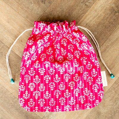 Fabric Gift Bags Double Drawstring -  Fuchsia Flowers (Large)