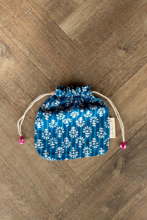 Fabric Gift Bags Double Drawstring -  Indigo Flowers (Medium)