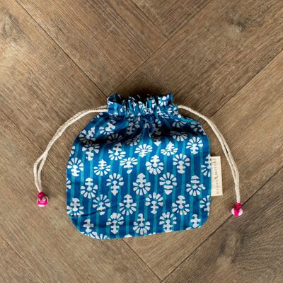 Fabric Gift Bags Double Drawstring -  Indigo Flowers (Medium)