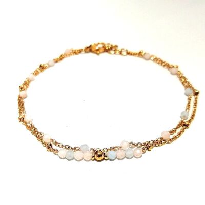 Bracciale Doppia Fila in Acciaio Inossidabile Dorato con Perle di Morganite