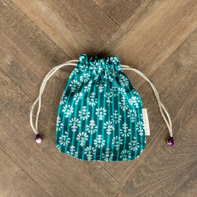 Fabric Gift Bags Double Drawstring - Teal Flowers (Medium)