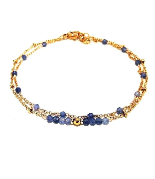 Bracelet Double Rang en Acier Inoxydable Doré avec Perles en Aventurine Bleue