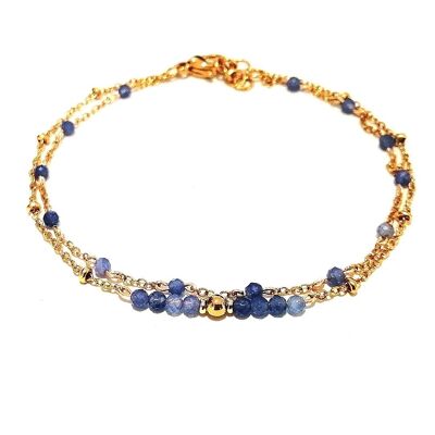 Double Row Bracelet in Gold Stainless Steel with Blue Aventurine Beads