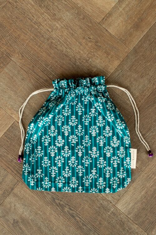 Fabric Gift Bags Double Drawstring - Teal Flowers (Large)