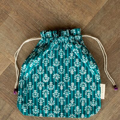 Bolsas de regalo de tela con cordón doble - Flores verde azulado (grande)