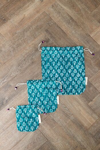Sacs-cadeaux en tissu à cordon de serrage double - Fleurs de sarcelle (grand) 2