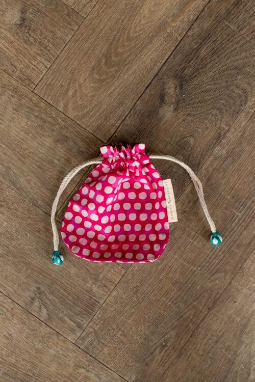 Fabric Gift Bags Double Drawstring -  Fuchsia Squares (Small)