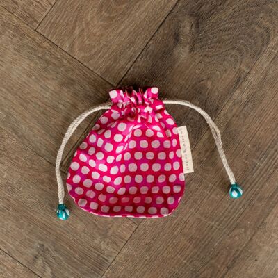 Fabric Gift Bags Double Drawstring -  Fuchsia Squares (Small)