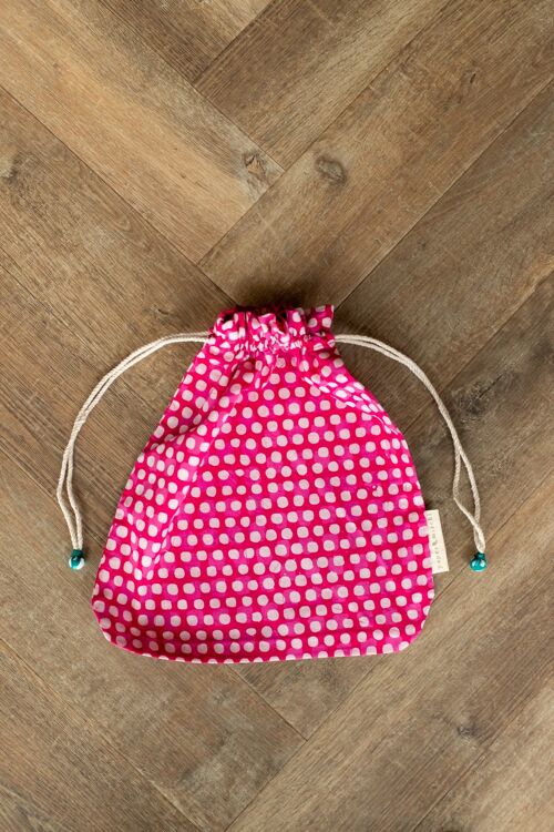 Fabric Gift Bags Double Drawstring -  Fuchsia Squares (Large)