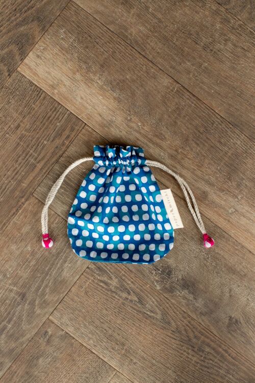 Fabric Gift Bags Double Drawstring -  Indigo Squares (Small)