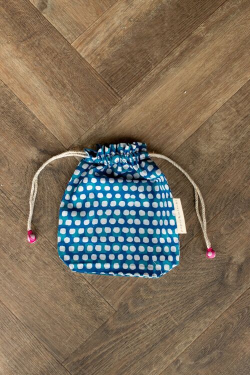 Fabric Gift Bags Double Drawstring -  Indigo Squares (Medium)