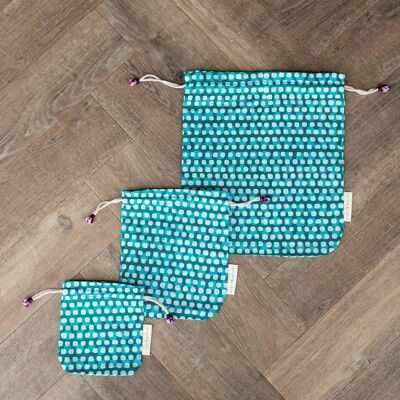 Sacs cadeaux en tissu à double cordon de serrage - Carrés bleu sarcelle (petits)