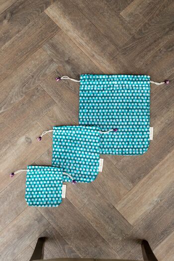 Sacs cadeaux en tissu à double cordon de serrage - Carrés bleu sarcelle (petits) 1