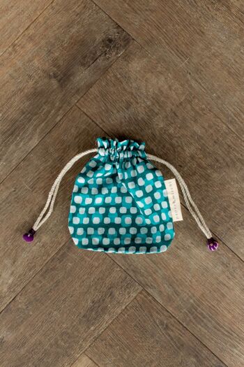 Sacs cadeaux en tissu à double cordon de serrage - Carrés bleu sarcelle (petits) 2