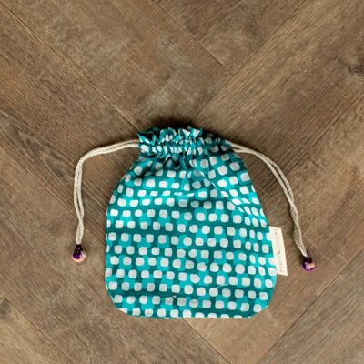 Fabric Gift Bags Double Drawstring -  Teal Squares (Medium)